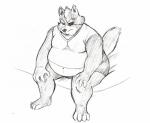 annoyed anthro belly big_belly biped claws clothed clothing eye_patch eyewear fur hand_on_knee hand_on_leg male moobs navel overweight overweight_anthro overweight_male sitting solo toe_claws sambaba nintendo star_fox wolf_o'donnell canid canine canis mammal wolf greyscale monochrome