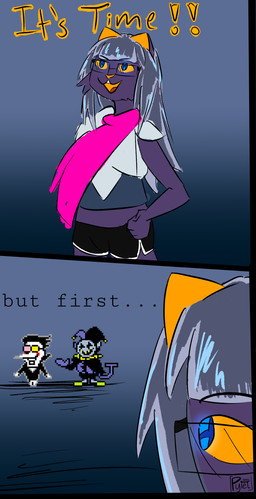 anthro armor bottomwear clothed clothing dialogue dolphin_shorts eyewear fur glasses grey_hair group hair logo male orange_ears orange_eyes purple_body purple_fur scarf shorts simple_background solo text topwear trio pye3141 deltarune undertale_(series) jevil_(deltarune) pye_(pye3141) spamton_g._spamton darkner domestic_cat felid feline felis mammal absurd_res artist_logo artist_name colored comic digital_drawing_(artwork) digital_media_(artwork) english_text hi_res