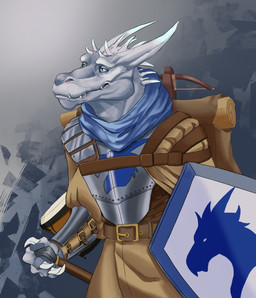 anthro armor backpack belt blue_eyes clothed clothing male melee_weapon shield solo sword weapon mordorinka kobold scalie hi_res