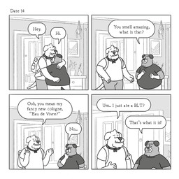 anthro backpack belly big_belly bottomwear clothing detailed_background dialogue duo hug humanoid_hands inside male overweight overweight_male pants shirt text topwear lukehealy canid canine canis domestic_dog mammal 1:1 2023 absurd_res comic english_text hi_res