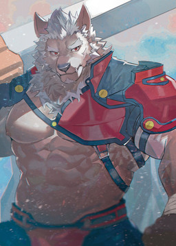 abs anthro barazoku black_nose eyebrows hair male muscular muscular_anthro muscular_male nipples pecs pink_nipples red_eyes solo thick_eyebrows white_hair neumokun lifewonders tokyo_afterschool_summoners marchosias_(tas) canid canine canis mammal wolf absurd_res hi_res