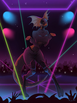 3_fingers 3_toes anthro audience bedroom_eyes biped black_and_orange boots bottomwear breast_squish breasts clothing crop_top crowd dance_floor detailed_background digitigrade feet female female_anthro fingers footwear frill_(anatomy) group knee_pads lights long_sleeves machine multicolored_body narrowed_eyes pants public screen screen_face seductive shirt shoes smile snout solo_focus squish sweater tactical_pants tail toes topwear turtleneck under_boob visor tyo_dem background_character mivi_(kebirb) robot scalie synth_(vader-san) 3:4 absurd_res digital_drawing_(artwork) digital_media_(artwork) hi_res signature watermark