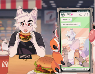 anthro big_penis bubble_butt burger butt chat chat_box clock duo electronics emoji first_person_view food fur genitals holding_object holding_phone imminent_sex looking_at_viewer male male/male penis phone phone_screen photo pink_snout pov_hands presenting presenting_hindquarters ruined_reputation solo text texting watch white_body white_fur rosalino arctic_fox canid canine fox mammal true_fox english_text hi_res