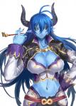 black_sclera blue_body blue_hair blue_skin breasts cleavage clothed clothing female hair horn humanoid_pointy_ears jacket kiseru long_hair midriff navel not_furry pipe pointy_ears pupils slit_pupils smoking_pipe solo topwear yellow_eyes ran'ou_(tamago_no_kimi) shinrabanshou asmodeus_(shinrabanshou) demon humanoid