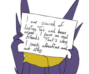 confession covering covering_face feral male purple_body purple_skin scarf secret sign simple_background solo text white_background moofers-mufa nintendo pokemon pokemon_mystery_dungeon spike_chunsoft generation_3_pokemon ghost pokemon_(species) sableye spirit 6:5 english_text