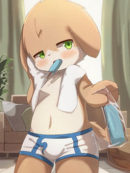 anthro blush briefs briefs_only bulge clothed clothing colored_seam_briefs colored_seam_clothing colored_seam_underwear food fur furniture green_eyes inside kemono male navel pillow plant popsicle shota sofa solo topless towel underwear underwear_only white_briefs white_clothing white_underwear window young young_anthro young_male wafflebond mammal 3:4 hi_res