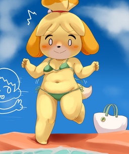 anthro beach bikini biped blonde_hair blush clothing eyebrows female fingers green_bikini green_clothing green_swimwear hair mouth_closed navel outside side-tie_bikini smile string_bikini swimwear thick_thighs triangle_bikini two-piece_swimsuit wardrobe_malfunction yellow_body sake_kemosalmon animal_crossing nintendo isabelle_(animal_crossing) canid canine canis domestic_dog mammal shih_tzu toy_dog 5:6 hi_res
