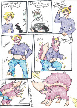 ambiguous_gender biped_to_quadruped blonde_hair blue_bottomwear blue_clothing blue_pants bottomwear clothing dialogue duo feral fur fur_growth green_eyes growth hair hazmat_suit human_to_feral male pants purple_clothing purple_shirt purple_topwear shirt species_transformation speech_bubble surprised tail tail_growth topwear torn_clothing transformation rainbowraven nintendo pokemon generation_4_pokemon human mammal mephitid pokemon_(species) shiny_pokemon skunk skuntank 2012 comic hi_res sequence