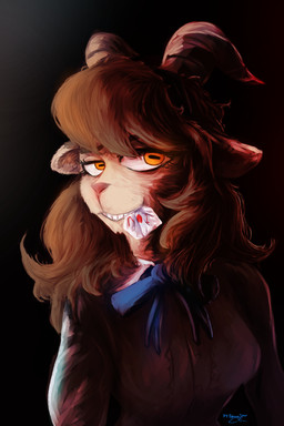 anthro bow_ribbon chewing clothing female horn looking_at_viewer paper simple_background solo mr.foxman adeline_(okaliz) bovid caprine goat mammal 2:3 hi_res shaded