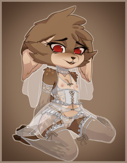 anthro armwear bridal_lingerie child_bride clothing corsage dress elbow_gloves female fingerless_gloves fur garter_belt garter_straps genitals gloves handwear legwear lingerie looking_at_viewer multicolored_body multicolored_fur nipples panties red_eyes sitting smile solo stockings teeth tongue translucent translucent_clothing underwear vulva wedding_dress wedding_gloves wedding_veil young orez_art akko_(orezart) deer mammal absurd_res hi_res