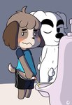 animal_genitalia animal_penis anthro balls blush bodily_fluids canine_genitalia canine_penis duo genital_fluids genitals male male/male male_peeing peeing penis simple_background standing toilet urinal urine urine_stream yosshidoragon animal_crossing nintendo digby_(animal_crossing) k.k._slider canid canine canis domestic_dog mammal digital_media_(artwork) hi_res shaded