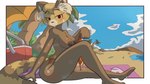 anthro beach bikini blush breasts clothed clothing female looking_at_viewer mature_female nipples partially_clothed sitting solo swimwear topless two-piece_swimsuit rilesthecat chikn_nuggit sassparilla_(chikn_nuggit) ailurid mammal red_panda 16:9 hi_res widescreen