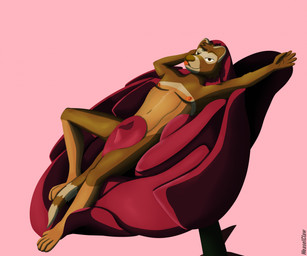anthro erection_under_bottomwear flower half-closed_eyes looking_at_viewer male micro micro_male mostly_nude narrowed_eyes nipples on_flower plant rose_(flower) solo tongue tongue_out weaselclaw werther domestic_ferret mammal mustelid musteline true_musteline weasel hi_res
