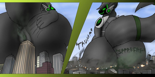 anthro anus big_butt bodily_fluids building butt butt_crush city clothing cloud crush fart fart_cloud fart_fetish feces fur hair machine macro male nude outside pooping protogen_visor scatplay size_difference sky smile solo sound_effects tail text sparktra12 ace_the_protogen mammal protogen digital_media_(artwork) english_text
