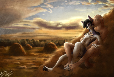anthro detailed_background digitigrade duo dusk eyes_closed hay hay_bale interspecies love male male/male nude outside paws plantigrade romantic romantic_ambiance romantic_couple sunset mickey_the_retriever bird_dog canid canine canis domestic_dog herding_dog hunting_dog labrador mammal pastoral_dog retriever welsh_corgi 2012
