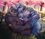 abs anthro biceps black_clothing black_nose black_underwear blue_body blue_fur brown_body brown_fur bulge cherry_blossom cherry_blossom_tree cherry_tree claws clothing duo eye_contact eye_scar facial_scar fingers flower forest fruit_tree fur gold_markings hair hand_holding horn jewelry looking_at_another male male/male markings muscular muscular_thighs navel nipple_piercing nipples on_ground open_mouth orange_eyes orange_markings outside pecs piercing pink_nipples pink_nose plant prunus_(flower) purple_markings red_clothing red_eyes red_underwear ring_piercing scar tail teeth touching_noses tree triceps tuft underwear white_body white_claws white_fur white_hair white_horn kult2k lugerdius canid canine canis mammal wolf absurd_res hi_res