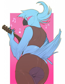 anthro beak big_butt black_beak blue_body blue_feathers butt clothed clothing feathers femboy fully_clothed lute male music musical_instrument musical_note musical_symbol playing_music plucked_string_instrument solo string_instrument symbol tail tail_feathers tight_clothing riffraff666 corryk_featherstrum avian bird hi_res