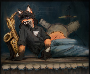 anthro baritone_saxophone bass_drum clothing collared_shirt cymbals dress_shirt drum drum_set fur grin lounging male musical_instrument orange_body orange_fur percussion_instrument saxophone shirt smile snare_drum solo speakeasy stage tom_drum topwear wind_instrument woodwind_instrument shurgali nintendo pokemon vincent_viniyur generation_4_pokemon lucario pokemon_(species) hi_res