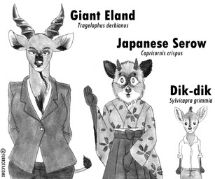 anthro asian_clothing bovid_horn clothing countershade_face countershading east_asian_clothing eyelashes female fluffy fluffy_hair group hair hands_behind_back horn japanese_clothing kimono neck_tuft office_clothing suit trio tuft efradraws antelope bovid bovine dik-dik eland giant_eland japanese_serow mammal spiral-horned_antelope true_antelope absurd_res graphite_(artwork) hi_res monochrome traditional_media_(artwork)