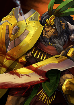 anthro arrow_(weapon) black_hair blood bodily_fluids brown_body brown_fur clothed clothing ear_piercing fur hair holding_object holding_weapon male melee_weapon muscular muscular_anthro muscular_male piercing ranged_weapon shield solo sword vein veiny_muscles weapon yellow_eyes link2004 felid lion mammal pantherine hi_res