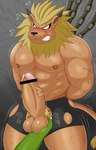 abs anthro ball_grab balls bdsm blonde_hair blush bound chain chained clenched_teeth clothing duo erection genitals hair male male/male mane muscular muscular_anthro muscular_male pecs penis pubes teeth torn_clothing underwear vein veiny_penis bantau bandai_namco digimon digimon_(species) leomon ogremon absurd_res censored hi_res