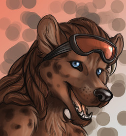 anthro black_nose black_sclera blue_eyes brown_hair dreadlocks eyewear eyewear_on_head glasses hair long_hair looking_aside looking_at_viewer male open_mouth open_smile smile solo spots tongue keovi rukis hyena mammal spotted_hyena headshot_portrait portrait sketch