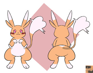 butt ear_tuft female fur heart_tail looking_at_viewer orange_body orange_fur pink_eyes simple_background smile smiling_at_viewer solo standing tail tuft white_body white_fur reallydarkandwindie fakemon nintendo pokemon fan_character lovchu mammal digital_drawing_(artwork) digital_media_(artwork) hi_res model_sheet