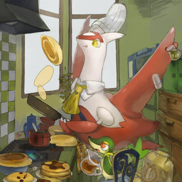 ambiguous_gender appliance bowl chair claws clothing container cooking cookware cutlery detailed_background duo female feral fire food fork frying_pan furniture hat headgear headwear inside kitchen kitchen_appliance kitchen_stove kitchen_utensils kitchen_ventilator necktie open_mouth pancake red_eyes stove syrup tongue tools window wings yellow_eyes baketu nintendo pokemon generation_3_pokemon generation_5_pokemon latias legendary_pokemon pokemon_(species) reptile scalie snivy 1:1