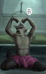 absurd_res anthro armpit_hair big_bulge biped body_hair bulge canid canine canis clothed clothing cuff_(restraint) detailed_bulge digital_media_(artwork) dreamworks erection erection_under_clothing fur genital_outline handcuffed handcuffs hi_res kneeling lumarten male male_anthro mammal metal_cuffs mr._wolf_(the_bad_guys) open_mouth partially_clothed penis_outline pubes restraints solo tail text the_bad_guys underwear wolf