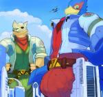 anthro arwing building bulge city clothed clothing corneria destruction macro male micro worship ozoneserpent nintendo star_fox falco_lombardi fox_mccloud avian bird canid canine fox mammal 2019 absurd_res hi_res