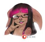 adolescent big_ears brown_body brown_skin claws eyewear female glasses hair long_hair looking_at_viewer magenta_hair magenta_lips not_furry simple_background solo young licheart guild_wars spotty_(spotte) asura humanoid bust_portrait portrait