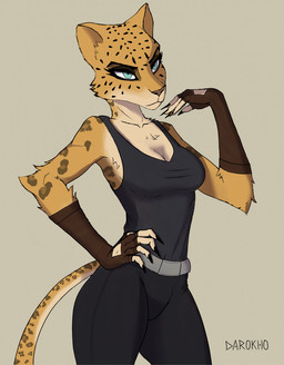 anthro belt black_clothing blue_eyes breasts claws clothing female fur glare gloves handwear leopard_spots simple_background solo spots yellow_body yellow_fur darokho rukait_(darokho) felid leopard mammal pantherine hi_res