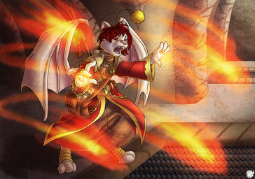 barefoot clothing dungeon feet fire fur hair jewelry magic male pendant pink_nose red_eyes red_hair ring robe satchel scroll solo staff white_body white_fur wings valy_j._thunderbeast final_fantasy square_enix ne-ming_wei mammal moogle absurd_res hi_res