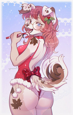 5_fingers anthro backless_clothing backless_leotard bangs black_claws blue_eyes blush body_blush brown_eyelashes brown_eyes butt_blush candy candy_cane christmas_clothing claws clothing dessert ear_piercing eyelashes eyewear facial_piercing fangs female fingers floppy_ears food fur glasses hair heterochromia holding_candy_cane holidays leotard long_hair looking_at_viewer looking_back looking_back_at_viewer multicolored_body multicolored_fur nose_piercing nose_ring open_mouth piercing red_clothing red_leotard ring_piercing snout solo tail teeth three-quarter_view tongue tongue_out cepto_(artist) christmas canid canine canis domestic_dog mammal 2024 colored digital_drawing_(artwork) digital_media_(artwork) hi_res shaded