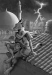 5_fingers anthro barefoot biped clothed clothing detailed_background digitigrade electricity feet female fingers lightning mosque outside rooftop sitting sky solo 0laffson shadi_(0laffson) caracal caracal_(genus) felid feline mammal 2018 digital_media_(artwork) hi_res monochrome