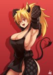 :d apron big_breasts biped black_apron black_clothing black_horn black_tail blonde_hair breasts clothed clothed_female clothed_humanoid clothing curved_horn female female_humanoid hair hands_behind_head horn long_hair looking_at_viewer no_bra no_underwear not_furry open_mouth open_smile red_background red_eyes simple_background smile smiling_at_viewer solo spade_tail tail jmg dorohedoro nikaido_(dorohedoro) demon demon_humanoid horned_humanoid humanoid tailed_humanoid 2020 absurd_res hi_res portrait three-quarter_portrait