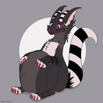 after_vore blinking claws dark_body dark_fur feral fluffy fur grey_eyes horn male markings pawpads purple_tongue red_claws red_fangs red_sclera solo striped_horn striped_markings striped_tail stripes tail tail_markings tongue tongue_out vore blauehexe hybrid 1:1 animated short_playtime