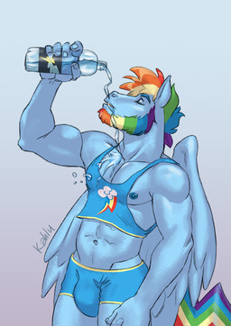 anthro areola athletic_wear beard beverage blue_body blue_feathers blue_fur bottle bottomwear bulge clothed clothing container crossgender drinking eyes_closed facial_hair feathered_wings feathers ftm_crossgender fur gym_bottomwear gym_shorts hair holding_bottle holding_container holding_object male midriff multicolored_hair muscular muscular_anthro muscular_male navel nipples pecs rainbow_hair shirt shorts simple_background solo standing tail tank_top topwear wings kahlu friendship_is_magic hasbro my_little_pony mythology rainbow_dash_(mlp) equid equine mammal mythological_creature mythological_equine pegasus digital_media_(artwork)