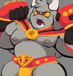 anthro biceps bulge fur grey_body grey_fur horn male musclegut muscular muscular_anthro muscular_male nipples pecs red_eyes solo tusks wrestler wrestling_briefs yellow_sclera wi_tolo kings_of_hell enfer_belial bovid caprine demon goat mammal