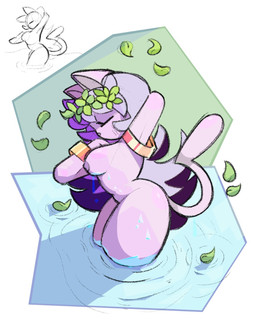 anthro bathing blush breasts butt eyes_closed female fur genitals gold_(metal) gold_jewelry hair jewelry leaf leaf_crown long_hair multicolored_hair navel nipples nude pink_body pink_fur pond purple_eyes purple_hair side_view simple_background solo tail two_tone_hair water wet eclipsemoon ash_(sashley) felid feline mammal 4:5 digital_media_(artwork) hi_res