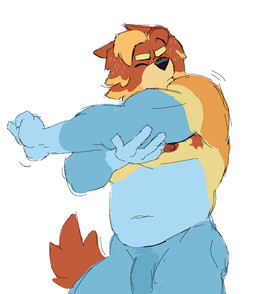 anthro armpit_hair armpit_tuft bangs belly blue_body blue_fur body_hair chest_hair darkened_genitalia darkened_penis ears_back erect_nipples eyes_closed fur genitals male multicolored_body multicolored_fur muscular muscular_anthro muscular_male navel nipples nude nude_anthro nude_male orange_body orange_fur pecs penis pivoted_ears pointy_ears prick_ears solo standing stretching_arms tail sagingbarko bluey_(series) radley_heeler australian_cattle_dog canid canine canis cattledog domestic_dog herding_dog mammal pastoral_dog