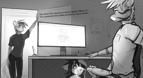 anthro bangs bodily_fluids cheek_bulge cum cum_on_face cumshot ear_piercing ejaculation electronics female fur gauged_ear genital_fluids genitals group hair male male/female monitor penis piercing sex stealth_sex text trio observerdoz e621 cat_guy_(observerdoz) possum_girl_(observerdoz) stigmata_(observerdoz) american_opossum domestic_cat felid feline felis hyena mammal marsupial 2025 hi_res monochrome
