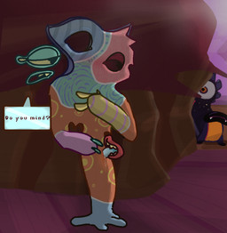 ambiguous_gender anthro detailed_background duo floating_eye floating_mouth genitals hiding sshimmer text vulva nakeilyar big_blue_bubble my_singing_monsters illoost