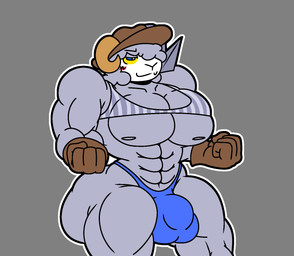 abs anthro bedroom_eyes biceps big_bulge big_butt big_muscles big_pecs blush blush_lines bulge butt clothing crop_top fur gloves handwear hat headgear headwear horn horned_sheep huge_bulge huge_butt huge_pecs male muscular muscular_anthro muscular_arms muscular_legs muscular_male narrowed_eyes nipples outline pecs seductive shirt solo speedo swimwear topwear wool_(fur) faucyv rambert_(smash_legends) bovid caprine mammal sheep colored digital_drawing_(artwork) digital_media_(artwork) flat_colors hi_res portrait three-quarter_portrait