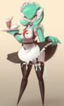 2019 asekeu beverage big_breasts blush bottomwear breasts clothed clothing clothing_lift digital_media_(artwork) female gardevoir generation_3_pokemon hair hi_res holding_object legwear mammal nintendo not_furry one_eye_closed pokemon pokemon_(species) red_eyes simple_background skirt skirt_lift smile solo standing tongue tongue_out waiter wink