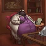 anthro barefoot belly belly_overhang big_belly biped black_body black_fur book bookshelf button_(fastener) chubby_cheeks claws clothed clothing detailed_background feet fur furniture hair hand_on_belly holding_book holding_object huge_belly hyper hyper_belly inside love_handles male necktie obese obese_anthro obese_male overweight overweight_anthro overweight_male painting sitting smile solo straining_buttons suit white_body white_fur wide_hips sugarboy cephy felid mammal pantherine