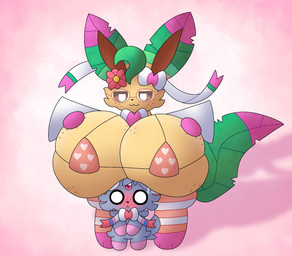 ambiguous_gender anthro big_breasts boob_hat breasts duo female female/ambiguous fusion huge_breasts hyper hyper_breasts pink_background pokemon_fusion simple_background espurr_tea nintendo pokemon eeveelution espurr generation_4_pokemon generation_6_pokemon hybrid leafeon pokemon_(species) sylveon hi_res
