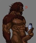5_fingers abs anthro balls biceps bodily_fluids bottle brown_balls brown_body brown_fur brown_hair brown_nipples brown_nose brown_penis censor_bar container erection facial_scar fingers fur genital_fluids genitals grey_background hair holding_bottle holding_container holding_object humanoid_genitalia humanoid_hands humanoid_penis male muscular muscular_anthro muscular_male nipples nude pecs penis precum question_mark scar simple_background solo tied_hair triceps wet grausummon final_fantasy final_fantasy_xiv square_enix felid hrothgar mammal 2020 5:6 colored hi_res