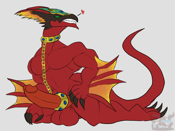 5_fingers accessory anthro anthrofied armor artist_initials balls big_balls big_penis biped black_claws black_face black_finger_claws black_toe_claws blue_gem chain chain_leash claws cock_ring collar confident confident_anthro confident_male dragon_tail erection fangs finger_claws fingers gem genitals gold_(metal) gold_chain gold_cock_ring gold_collar green_eyes green_helmet green_sclera hand_on_hip hand_on_knee hand_on_leg hand_on_own_hip hand_on_own_knee hand_on_own_leg headgear heart_symbol helmet humanoid_genitalia humanoid_hands humanoid_penis jewelry kneeling leash leashed_collar lightened_genitalia lightened_penis logo long_tail looking_at_viewer male manly membrane_(anatomy) membranous_wings metal_collar monotone_body mouth_closed muscular muscular_anthro muscular_arms muscular_male muscular_thighs navel non-mammal_balls non-mammal_navel nude nude_anthro nude_male orange_membrane pecs penis penis_accessory penis_jewelry red_body red_penis red_scales scales seductive sharp_teeth simple_background snout solo tail teeth toe_claws translucent translucent_logo winged_arms wings daikuhiroshiama european_mythology mythology yu-gi-oh! harpie's_pet_dragon dragon duel_monster mythological_creature mythological_scalie scalie western_dragon wyvern 2026 4:3 artist_logo colored colored_line_art digital_drawing_(artwork) digital_media_(artwork) flat_colors hi_res