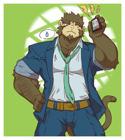 5_fingers anthro arm_tuft belt biceps big_muscles blue_clothing border bottomwear brown_body brown_eyebrows brown_fur cellphone chest_tuft chin_tuft clothed clothing electronics eyebrows facial_tuft fingers front_view fur green_background hand_on_hip head_tuft humanoid_hands long_tail male manly muscular muscular_anthro muscular_male necktie no_pupils pants pecs phone pose shirt simple_background solo tail topwear tuft white_border white_clothing happyending haplorhine mammal monkey primate 2014 digital_media_(artwork) portrait three-quarter_portrait